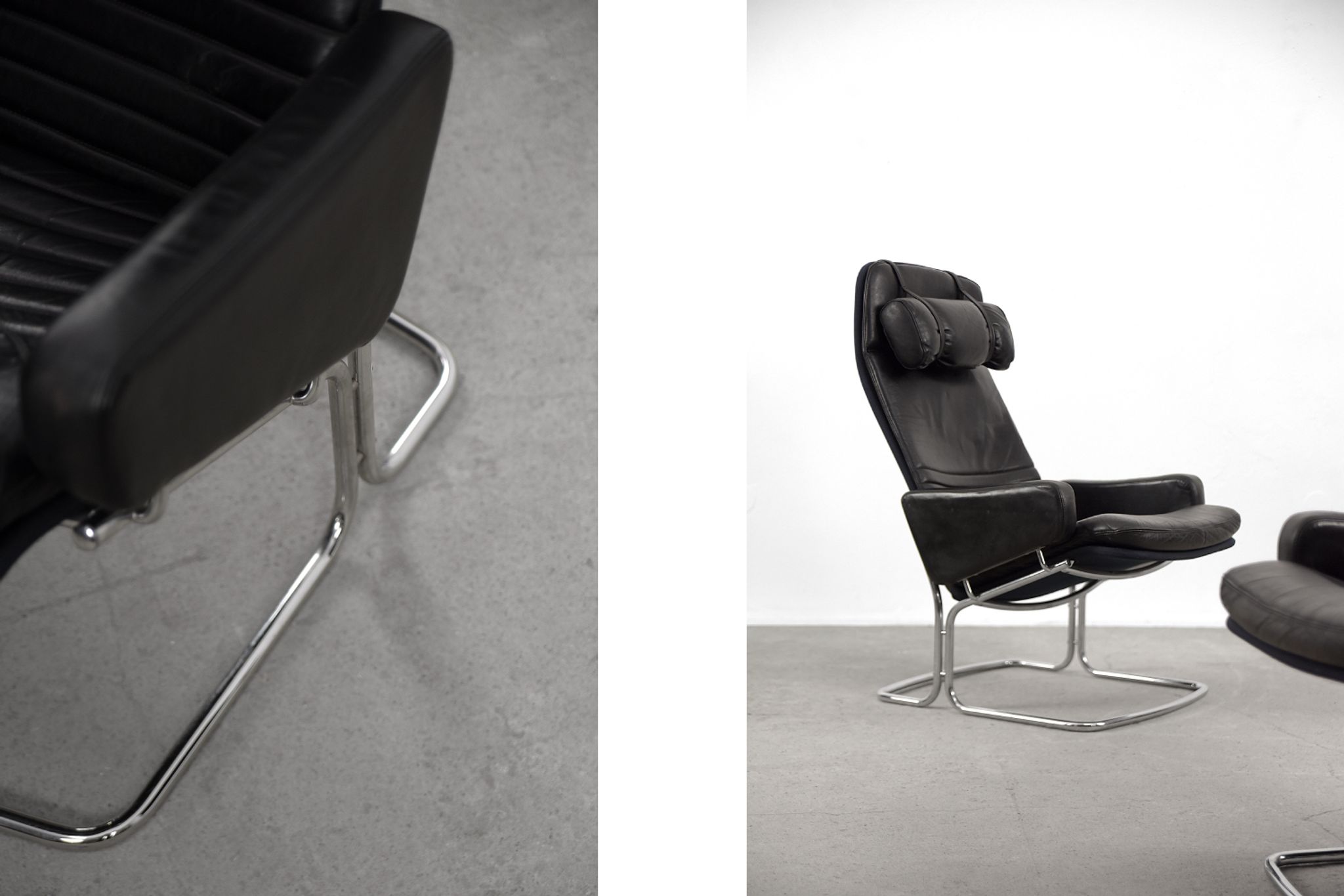 Mid-Century Rare Black Leather Scandinavian Armchair by Ire Möbel, 1970s, Set of 2