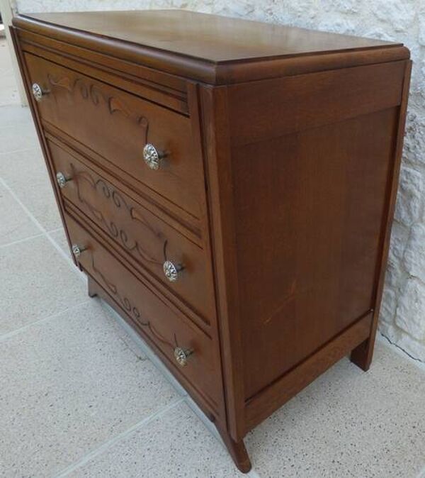 Commode  art déco 3 tiroirs poignée fleurs en laiton  en bois massif-Très b