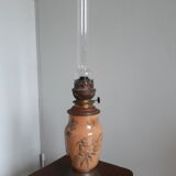 Earthenware kerosene lamp, bohemian crystal and hasag spout