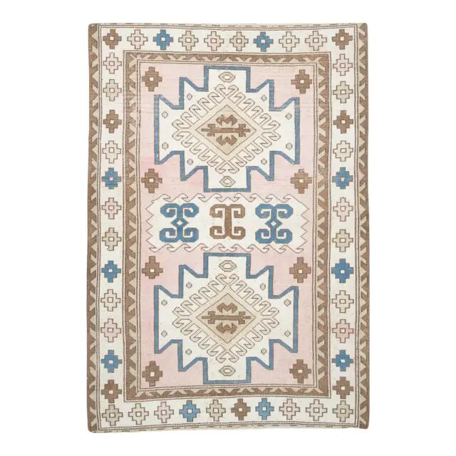 1970s Vintage Turkish Oushak Handmade Wool Cotton Pink Area Rug 130x190