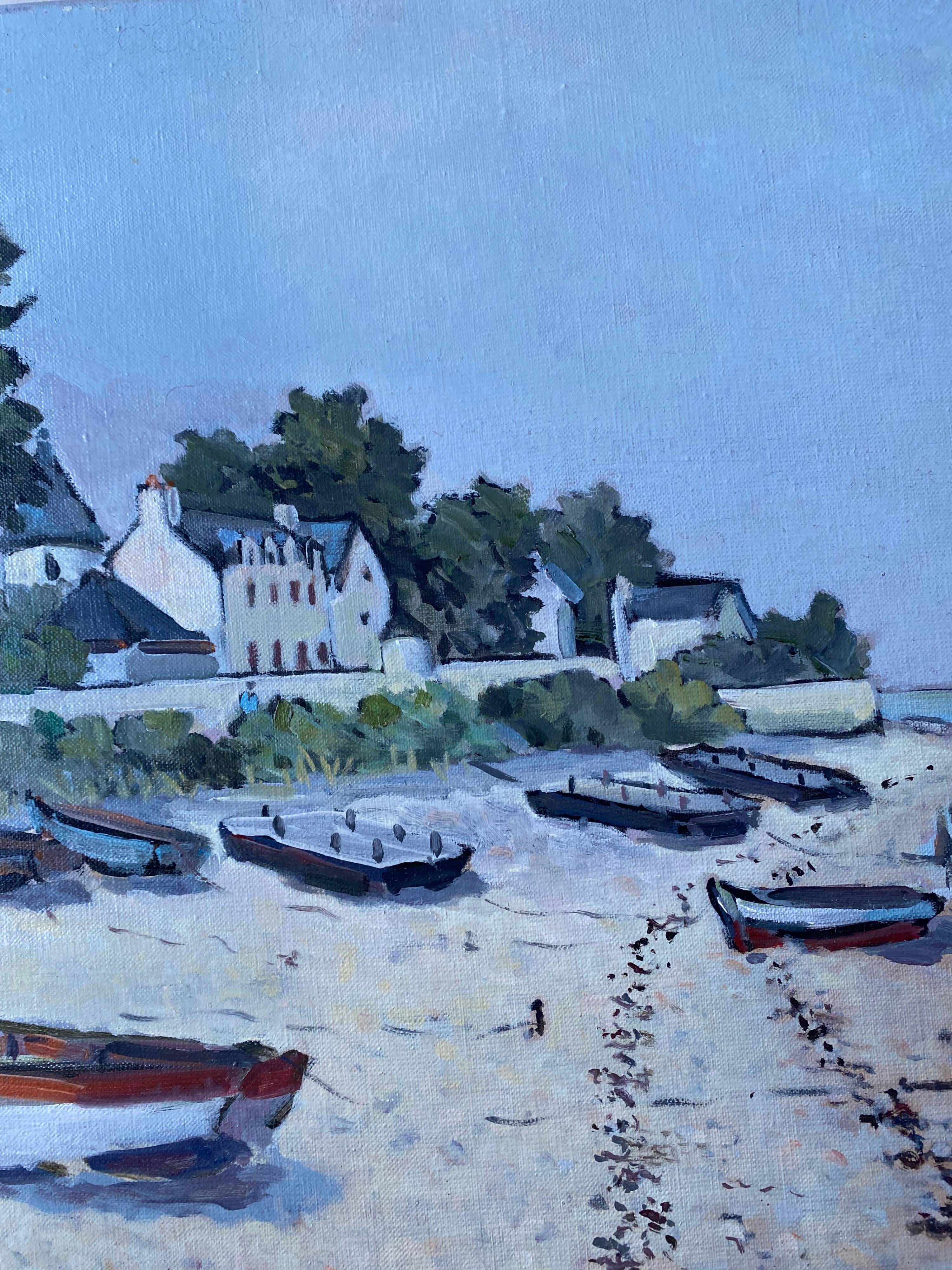 Hst painting "beach with boats" marine normandy brittany by robert leboucher