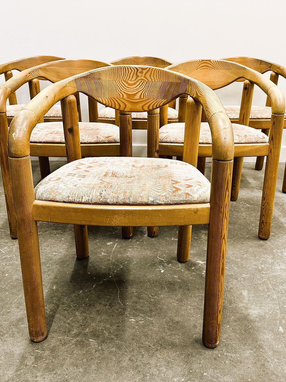 Set of six Rainer Daumiller pine wood arm chairs, 1970s