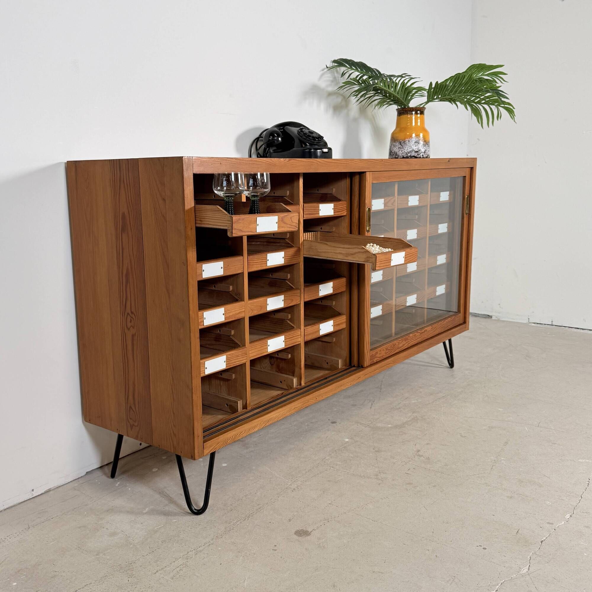 Vintage German Pine Sideboard / Sorting Cabinet with 24 Drawers & Glass Sli