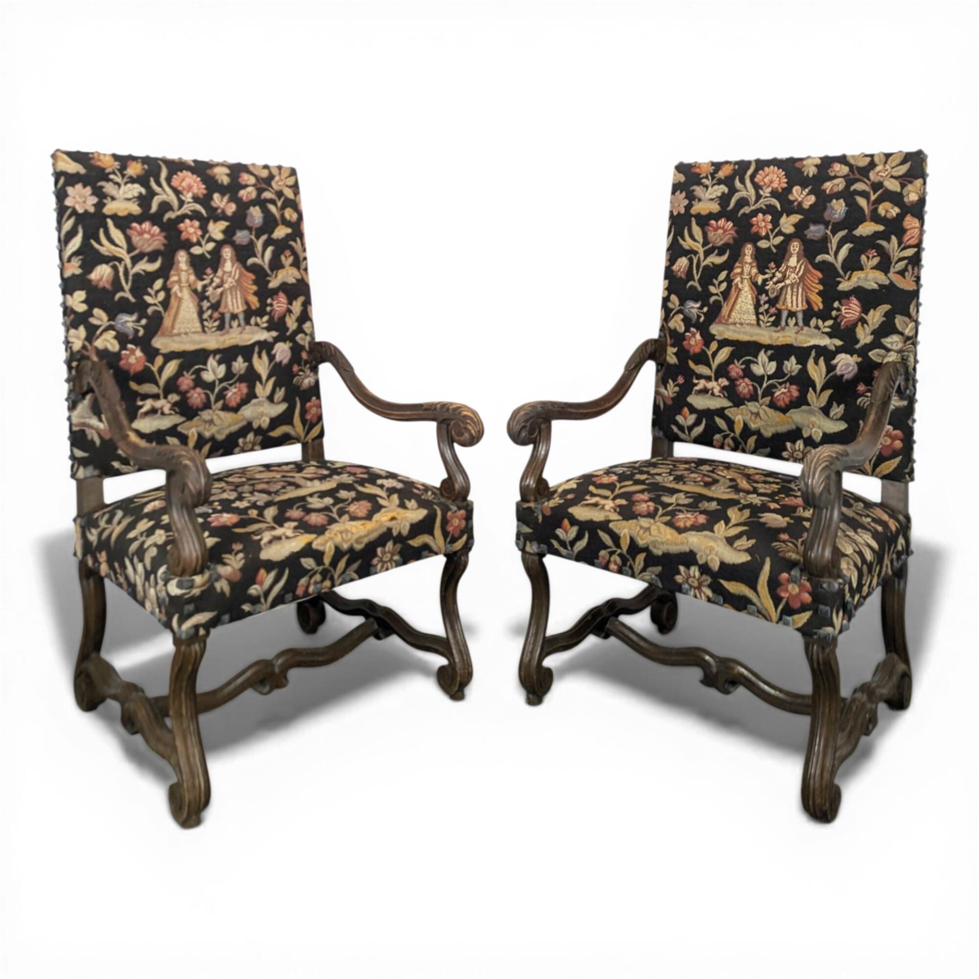 Pair of Louis XIV style armchairs in walnut.