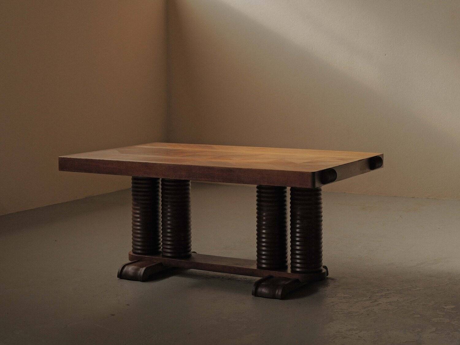 Solid oak table with marquetry, France, circa 1940.
