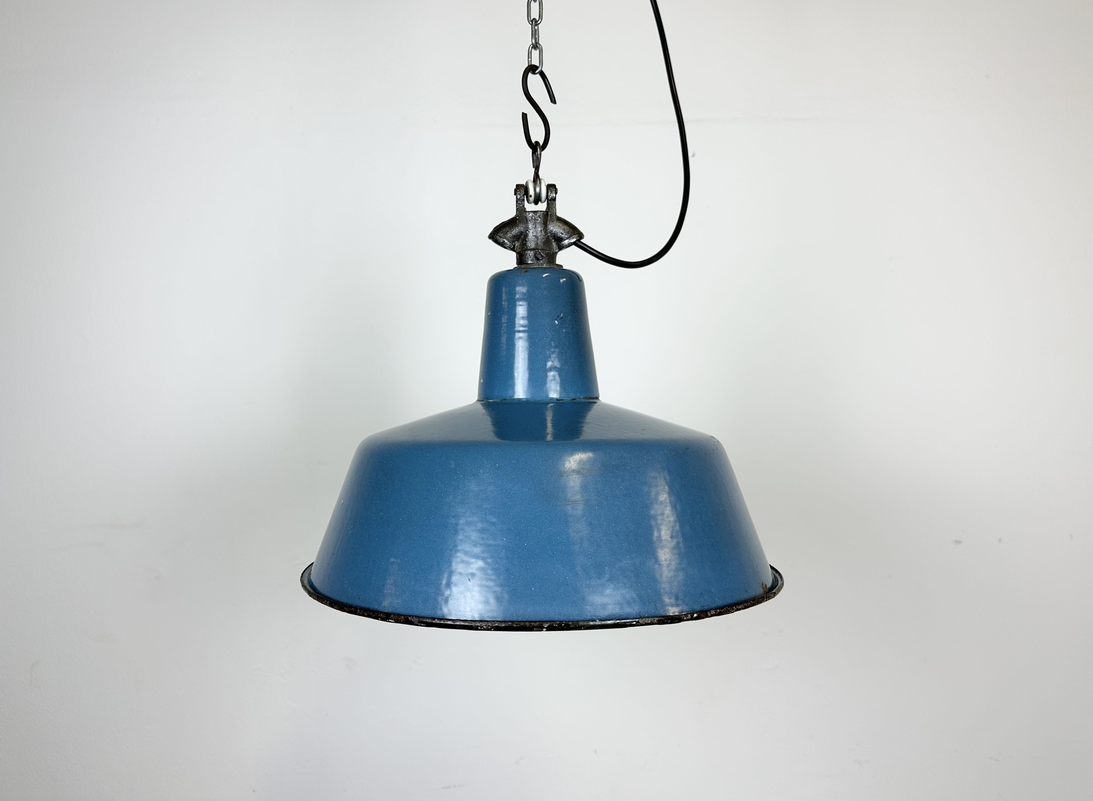 Industrial Blue Enamel Factory Lamp with Cast Iron Top, 1960s