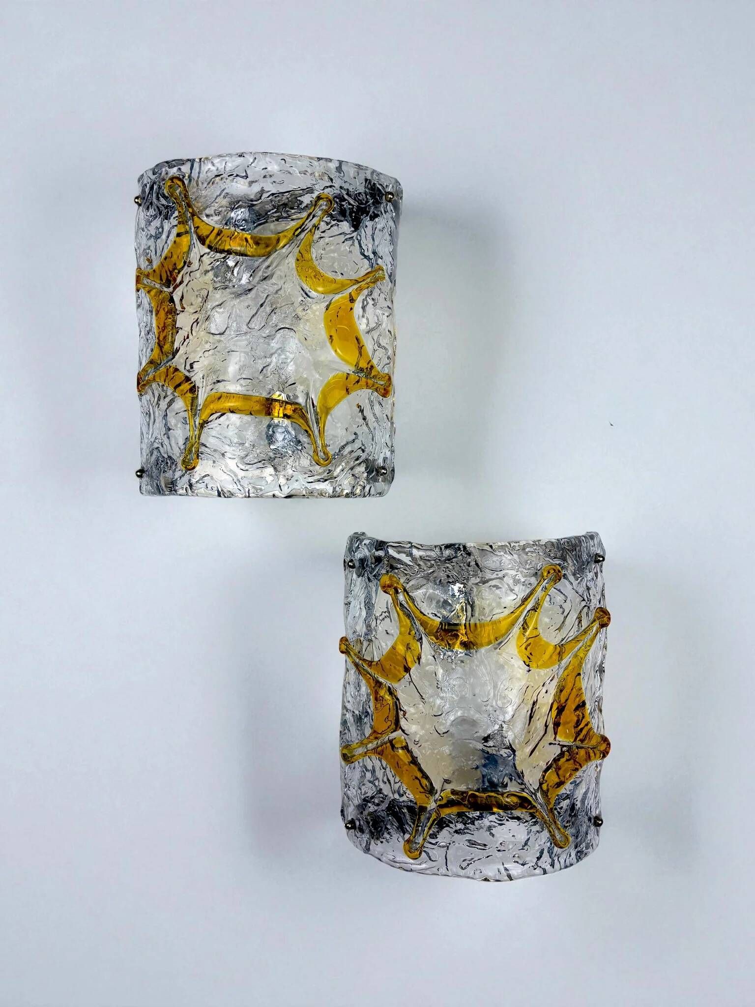 Pair of Mazzega Murano wall lights, orange frosted textured glass, Italy, 1970s