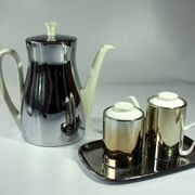 Coffee pot with metal isolated warming hood as a set with milk jug and sugar bowl, Vintage