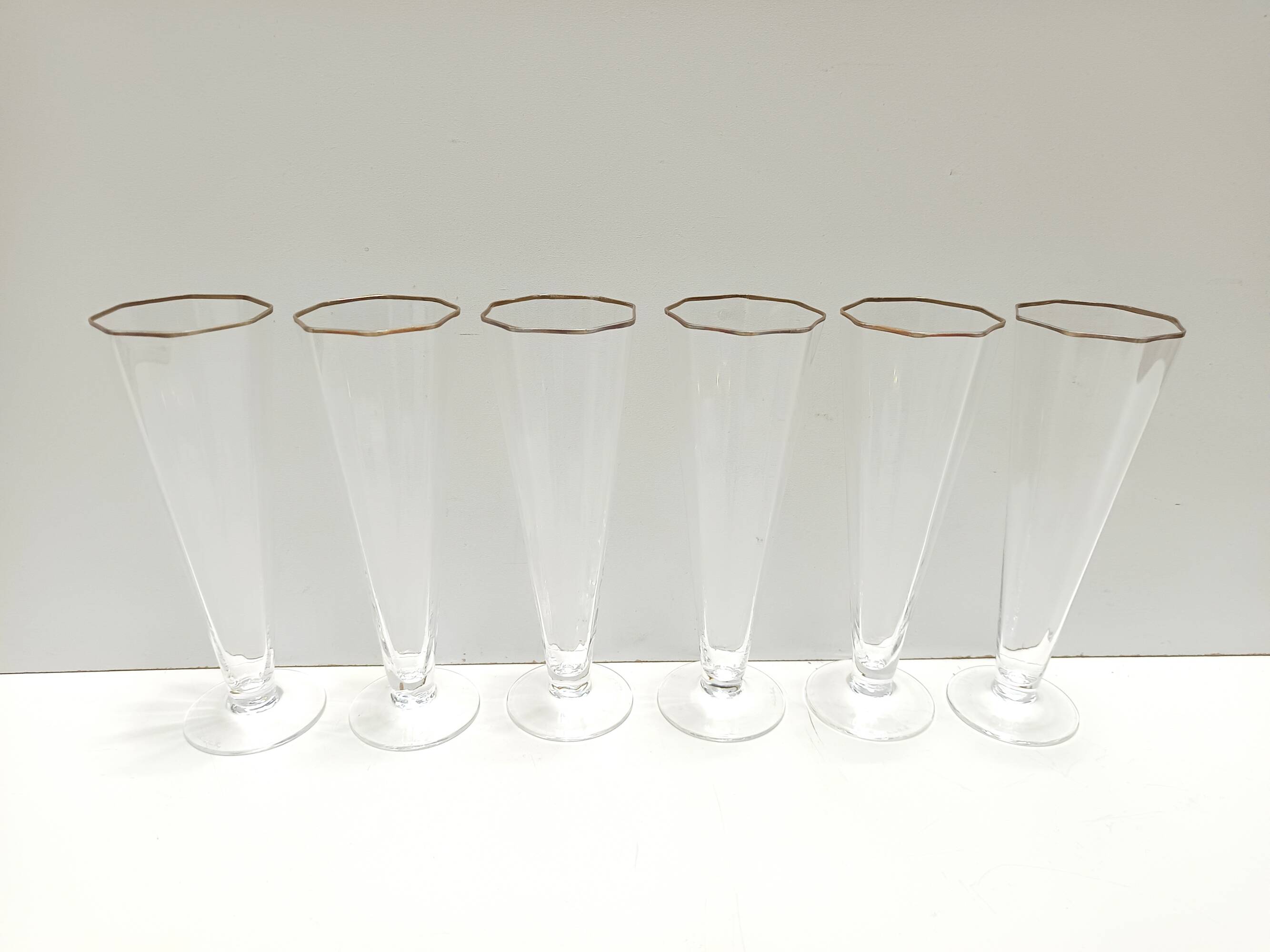 Set of Six Octagonal Hand Blown Murano Glass Flutes by Carlo Moretti, Italy