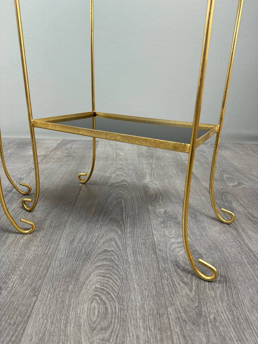 Pair of vintage side tables in gilt metal, with glazed ceramic tops