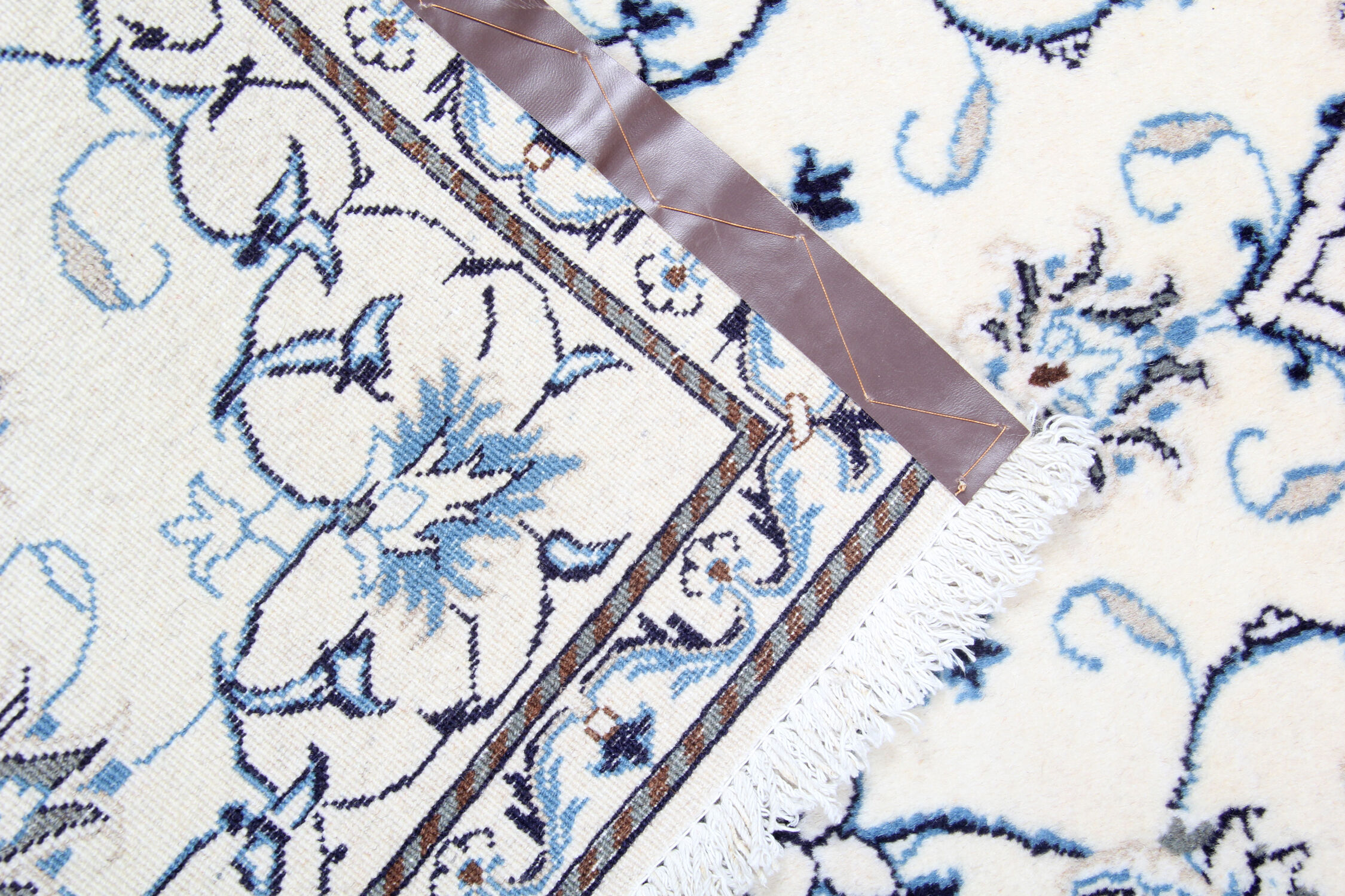 Blue cream oriental wool area rug handwoven traditional carpet- 88x131cm