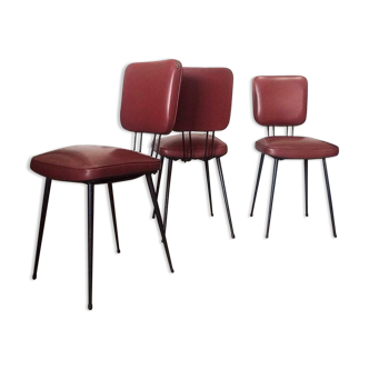 3 chaises vintage des années 50 en skai rouge grenat restaurée