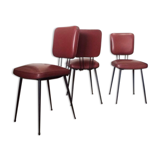 3 vintage chairs from the 50s in restored garnet red skai