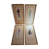 Série 4 Anciennes Planches Botaniques Fleurs GRANDALL + Cadre Bois Doré Vintage