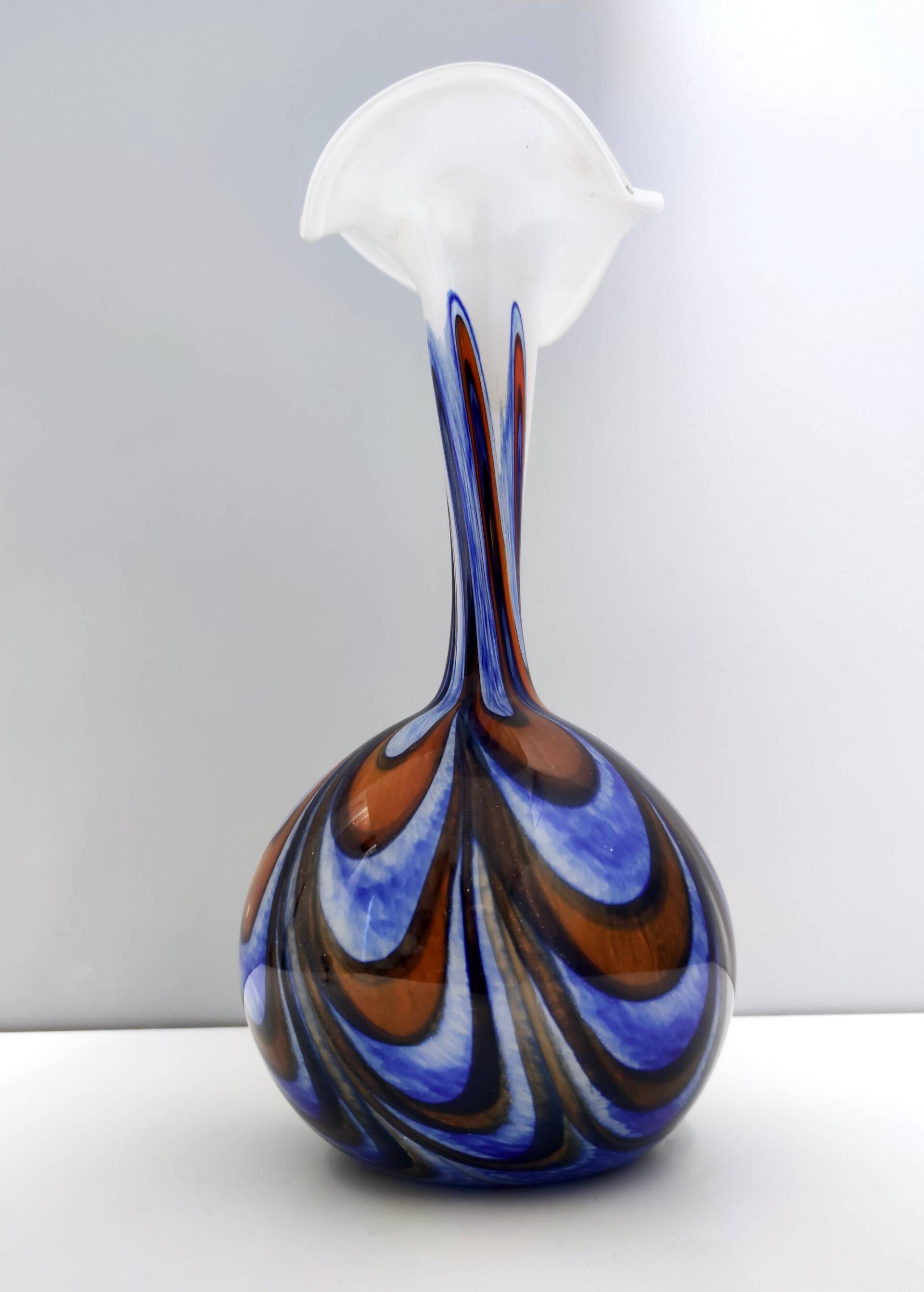 Large Orange, White and Blue Glass Vase by Opaline Florence, Italy
