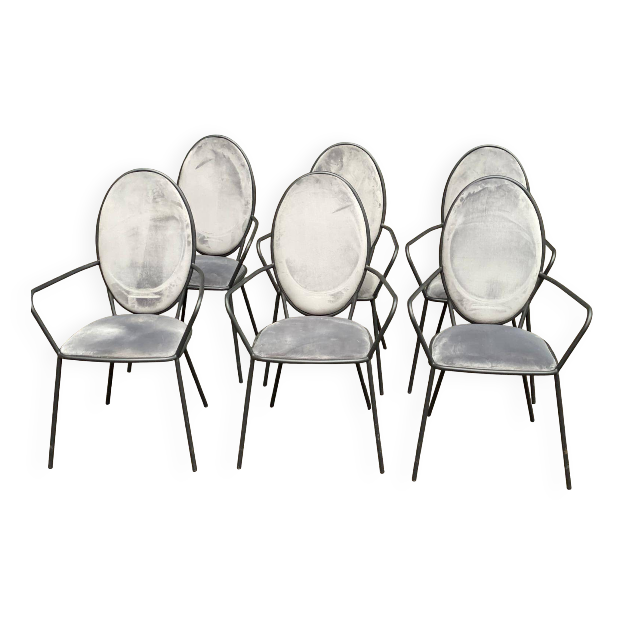 6 black and grey velvet medallion dining chairs with armrests