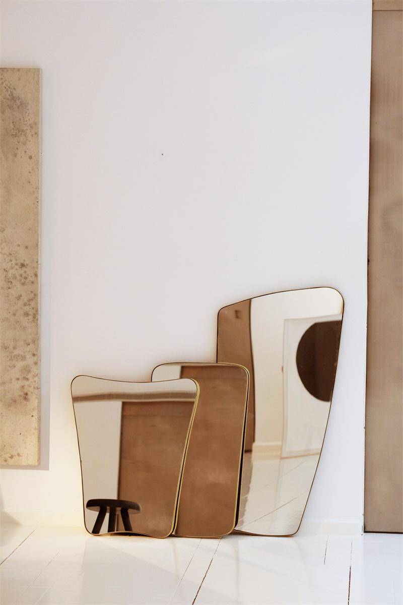 Mid-Century Irregular Shape Mirror with Hammered Brass Frame