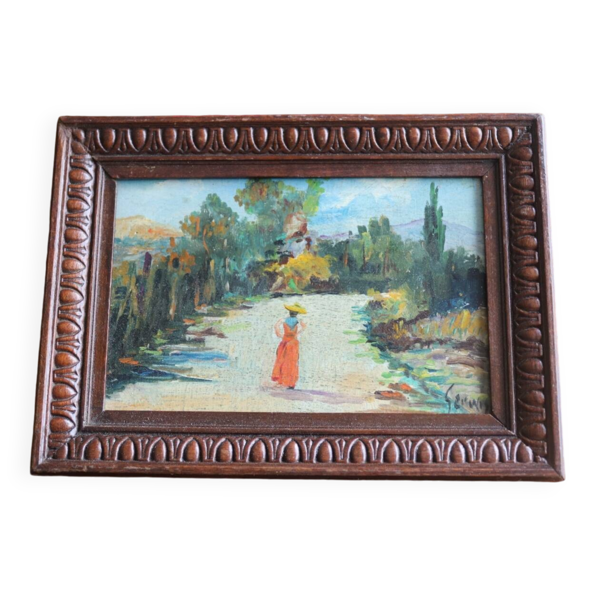 Small oil on panel landscape and old woman