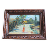 Petite huile sur panneau paysage et femme ancien