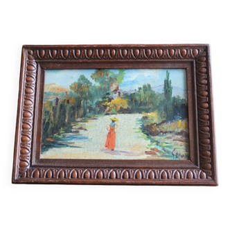 Small oil on panel landscape and old woman