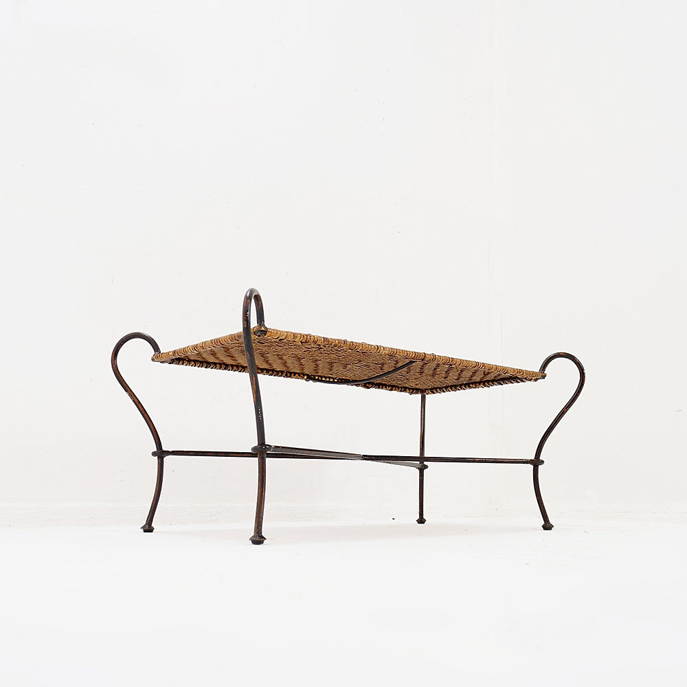 Vintage coffee table in wrought iron and woven rattan - 1970s