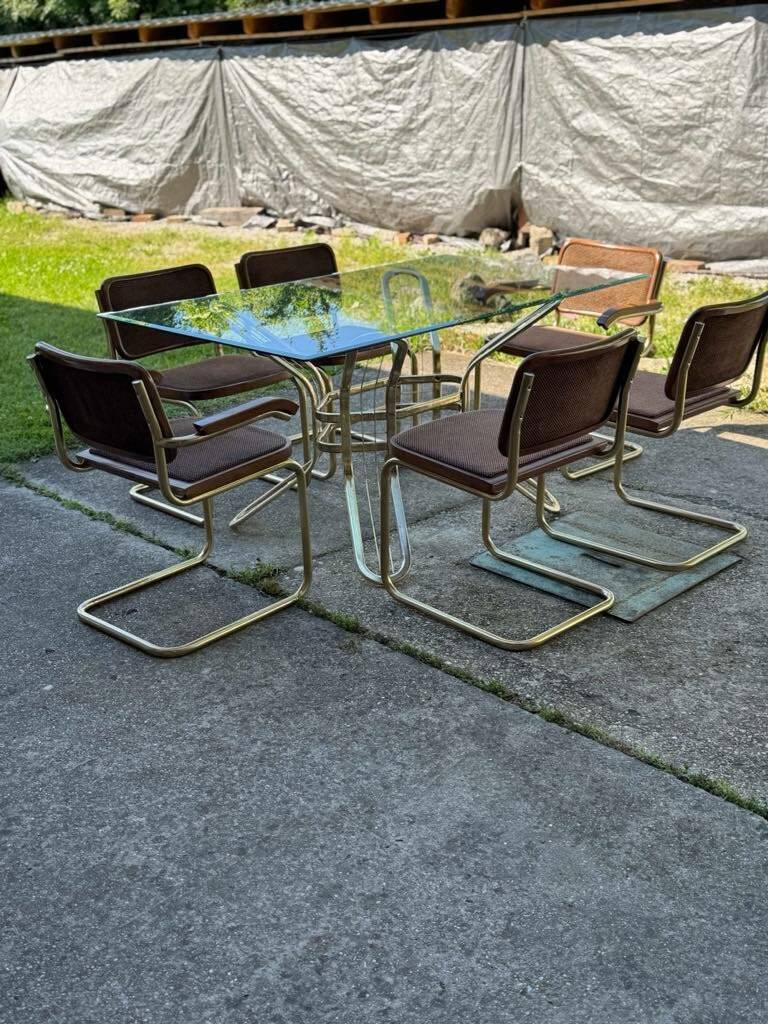Italian brass dining set with table and chairs, 1970s, set of 7