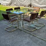 Italian brass dining set with table and chairs, 1970s, set of 7