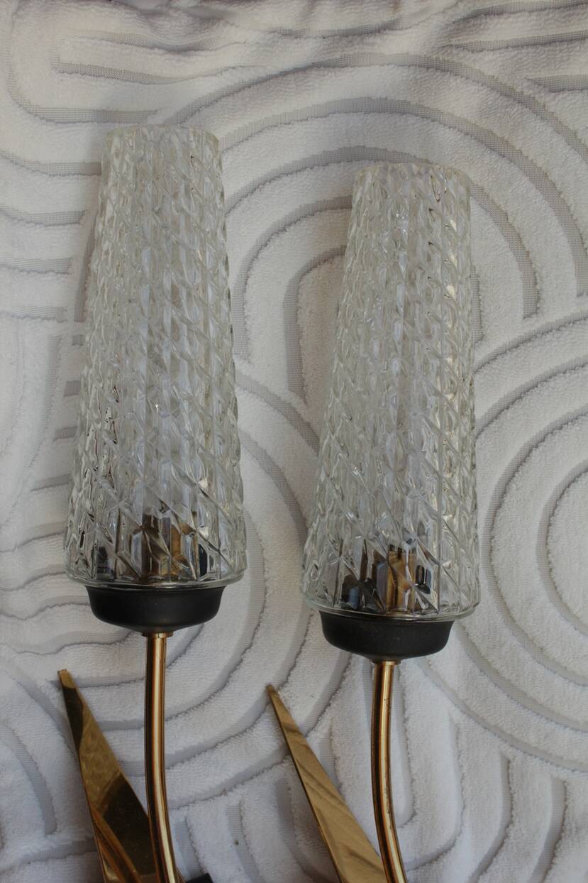 Pair of glass and metal sheaf-shaped wall lights circa 1960