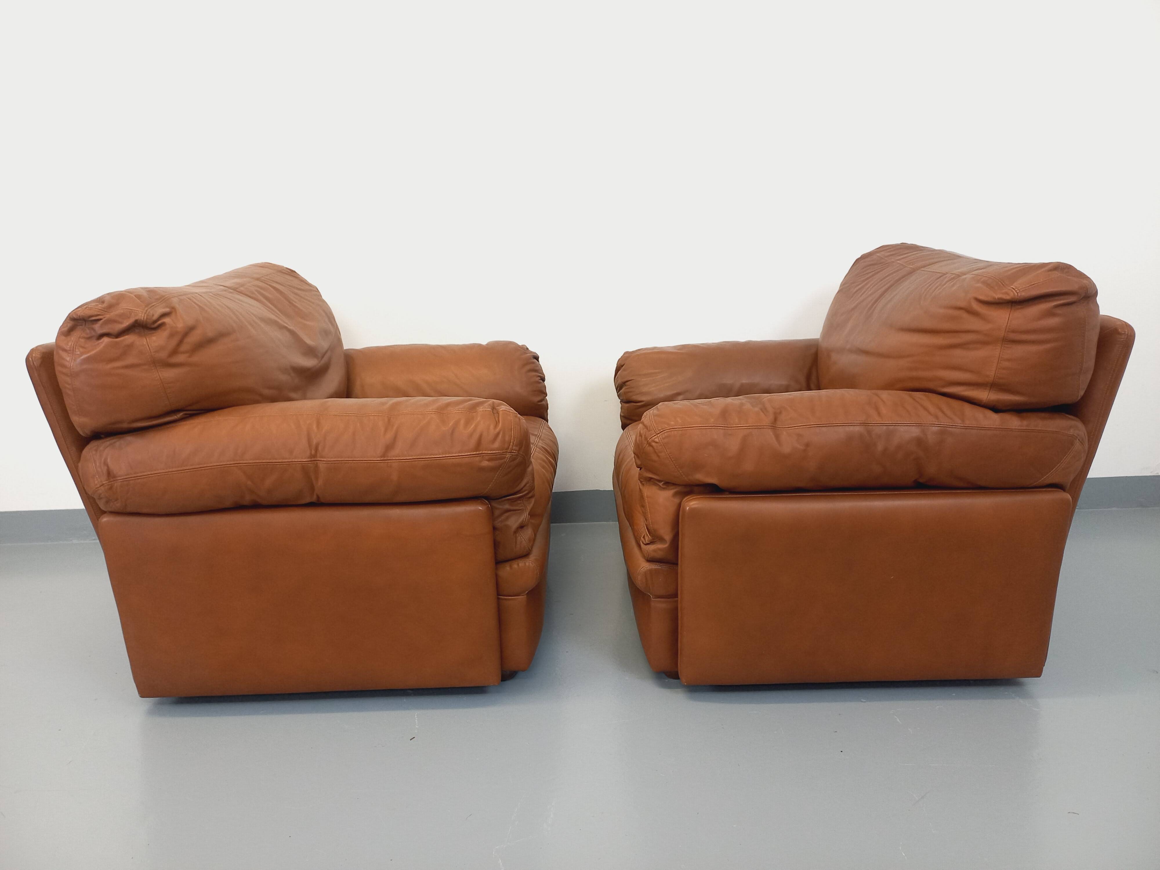 Pair of vintage Coquelicot lounge chairs by Tito Agnoli for Poltrona Frau in leather from the 70s