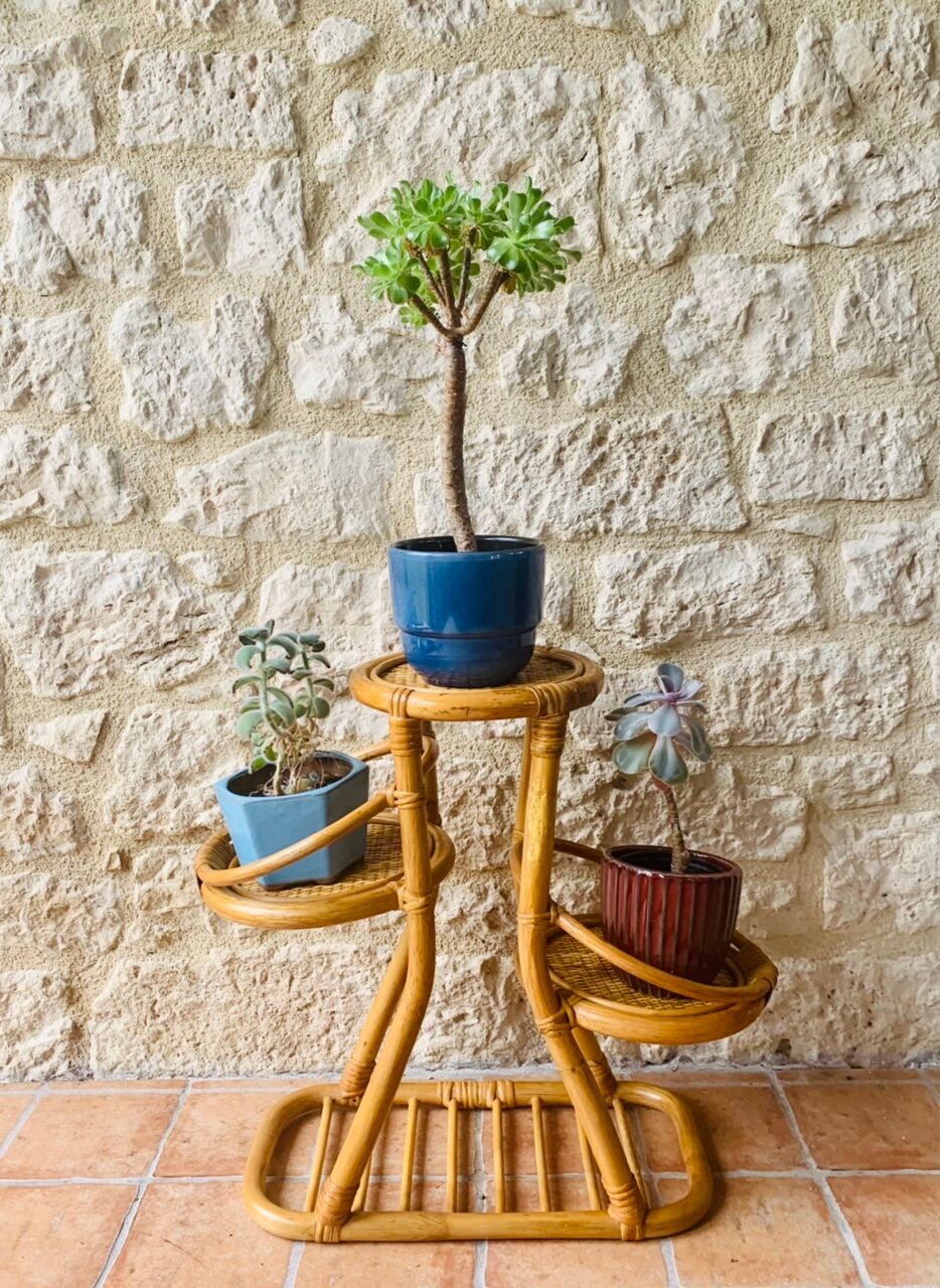 Vintage bamboo and rattan plant holder, circa 70's
