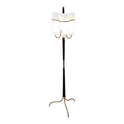Lampadaire tripode avec trois bras et verre opaline - années 1950
