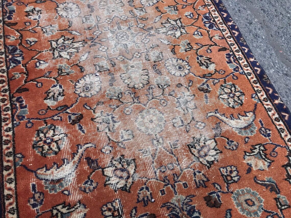 Orange and Blue Handmade Oushak Rug with Flowers
