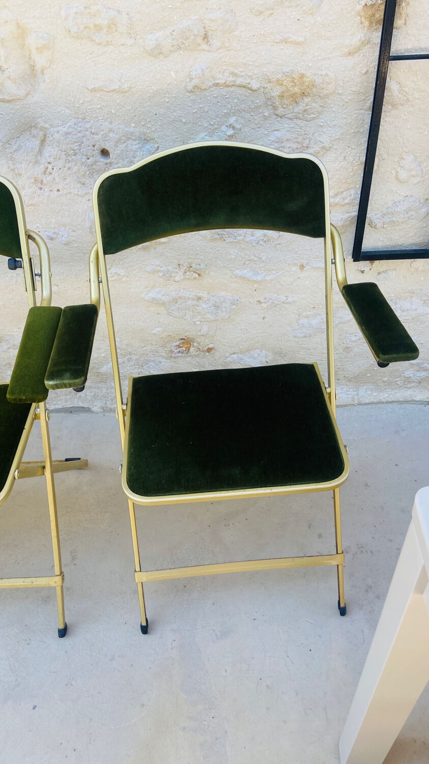 Lot de 3 chaises pliables Chaisor en velours vert et piétement or de 1996