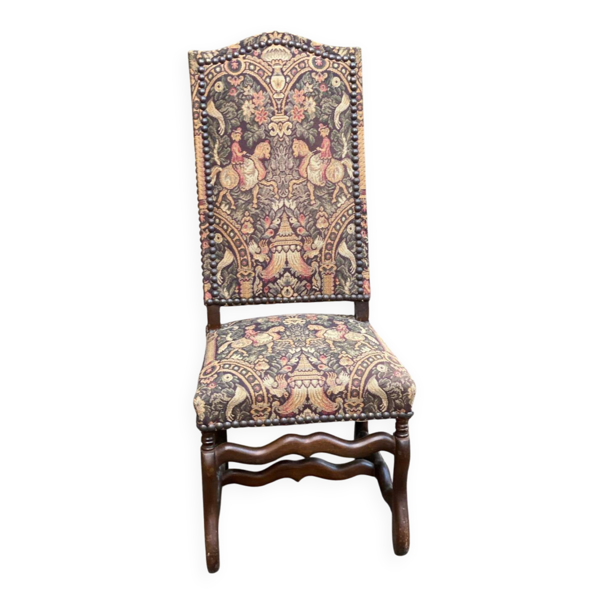 Chaise vintage Louis XIII bois massif et tissu écru