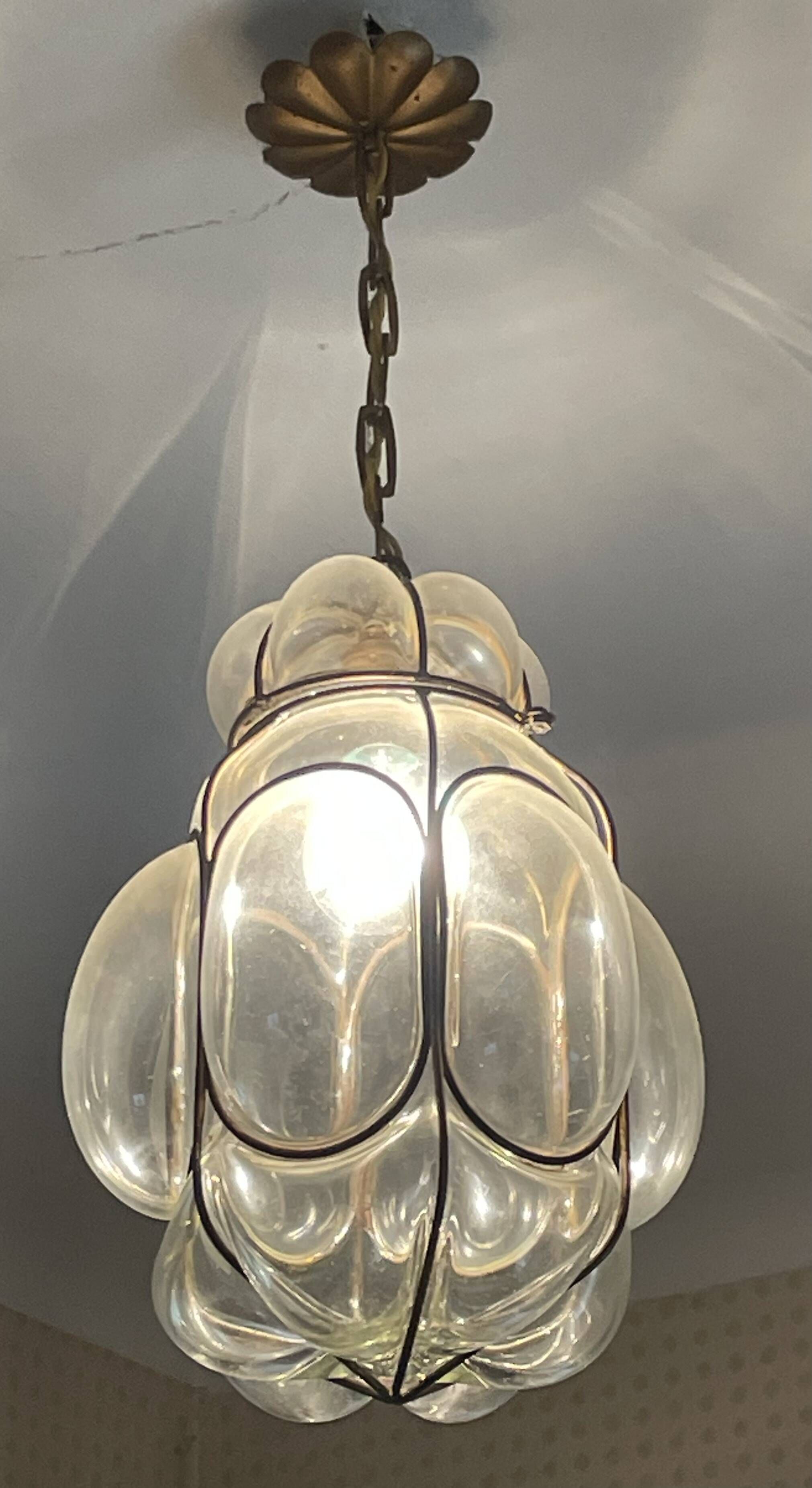 Old Venetian blown glass chandelier, Murano lighting fixture in wrought iron structure