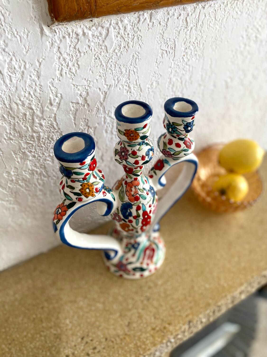 Three-branch candle holder in antique hand-painted ceramic