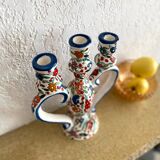 Three-branch candle holder in antique hand-painted ceramic