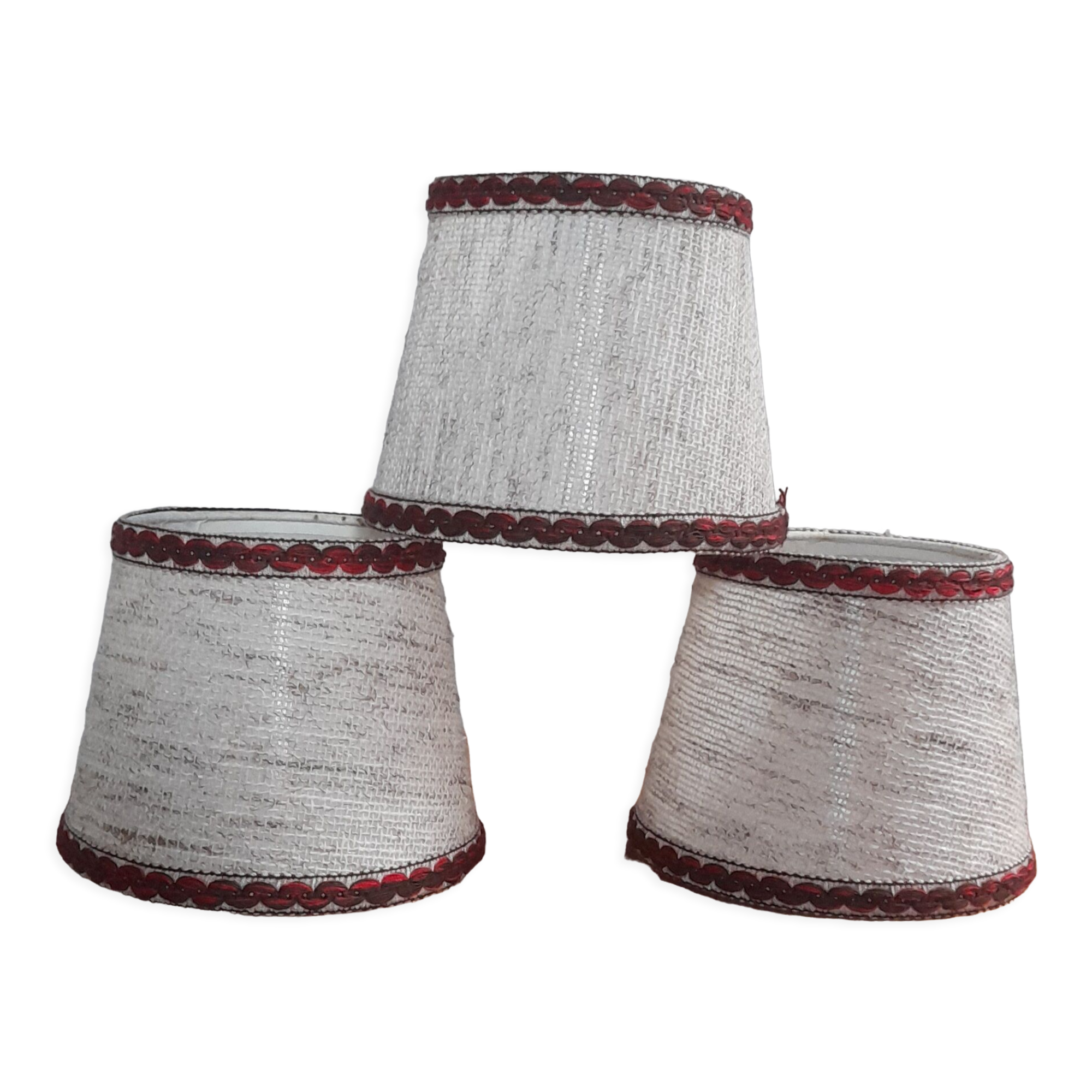 3 abat-jours jute écru et galons rouges pour lustre ou applique culot E14 - vintage 1970