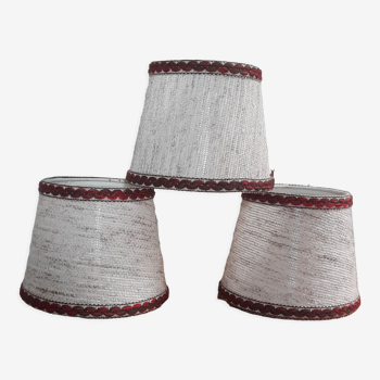 3 lampshades ecru jute and red stripes for chandelier or wall lamp base E14 - vintage 1970