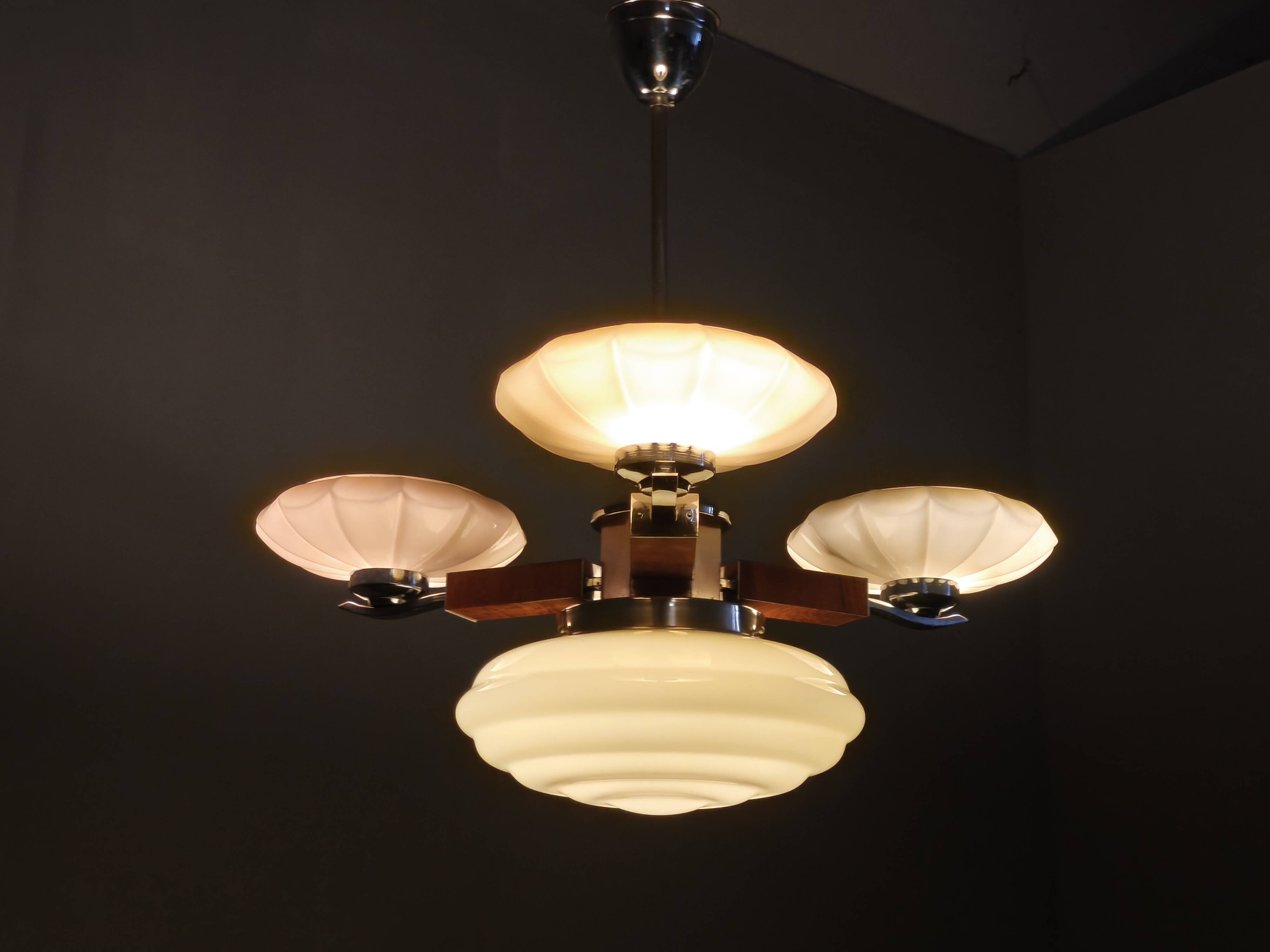 1940s Czechoslovak Art Deco Chandelier in Walnut Chrome and Glass