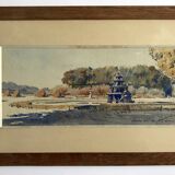20th century, Neptune's Basin at sunset, Gardens of Versailles, summer 1920. Watercolor signed in ink