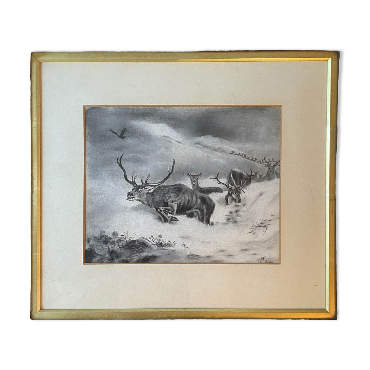 Painting Drawing "Deer in the snow" circa 1910 Gallery New York