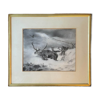 Painting Drawing "Deer in the snow" circa 1910 Gallery New York