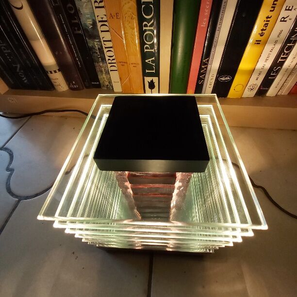 Demeter wood and glass lamp Maison Desny 1980