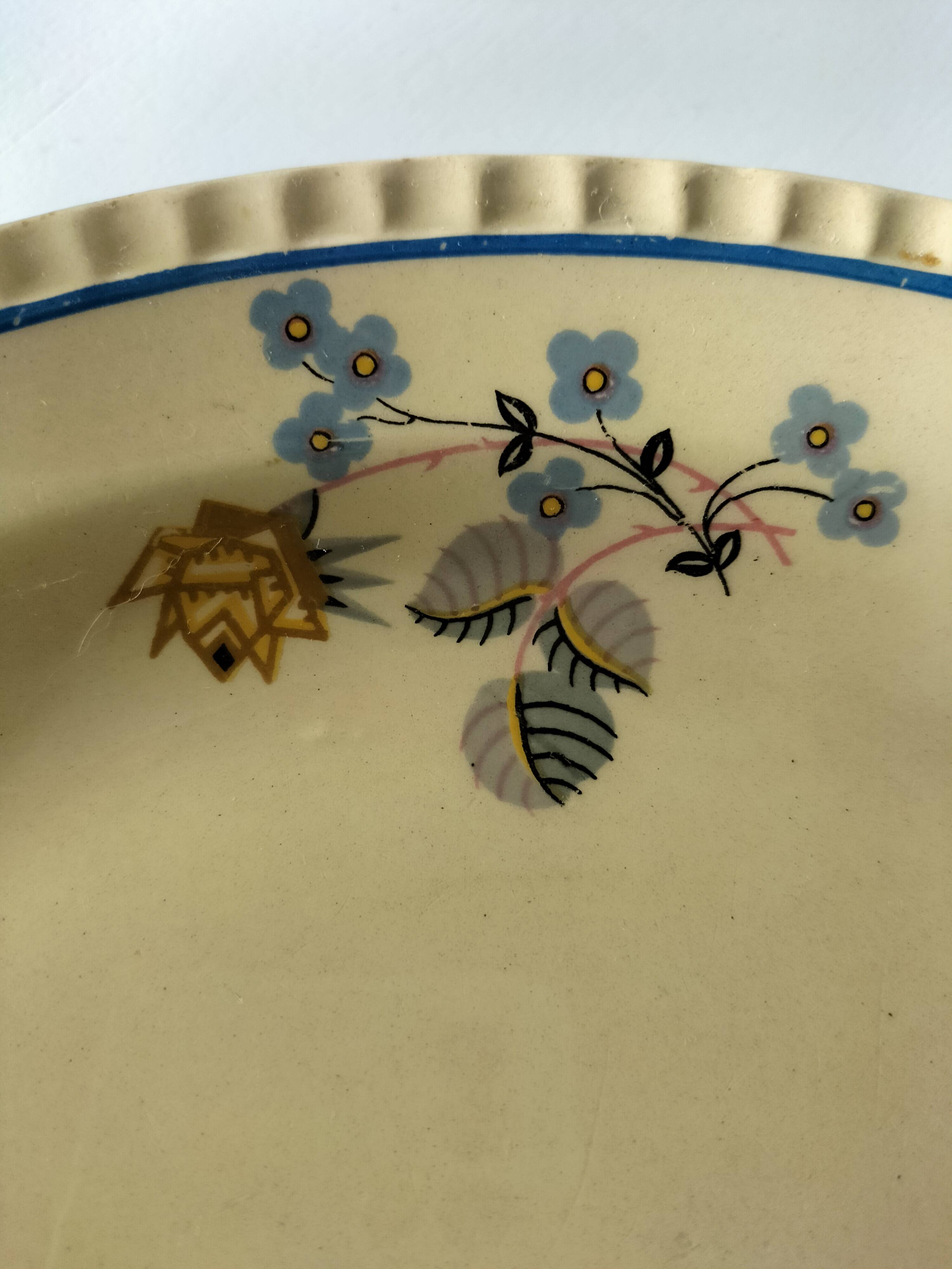 Ivory and blue geometric floral decoration plate, 1940s–50s