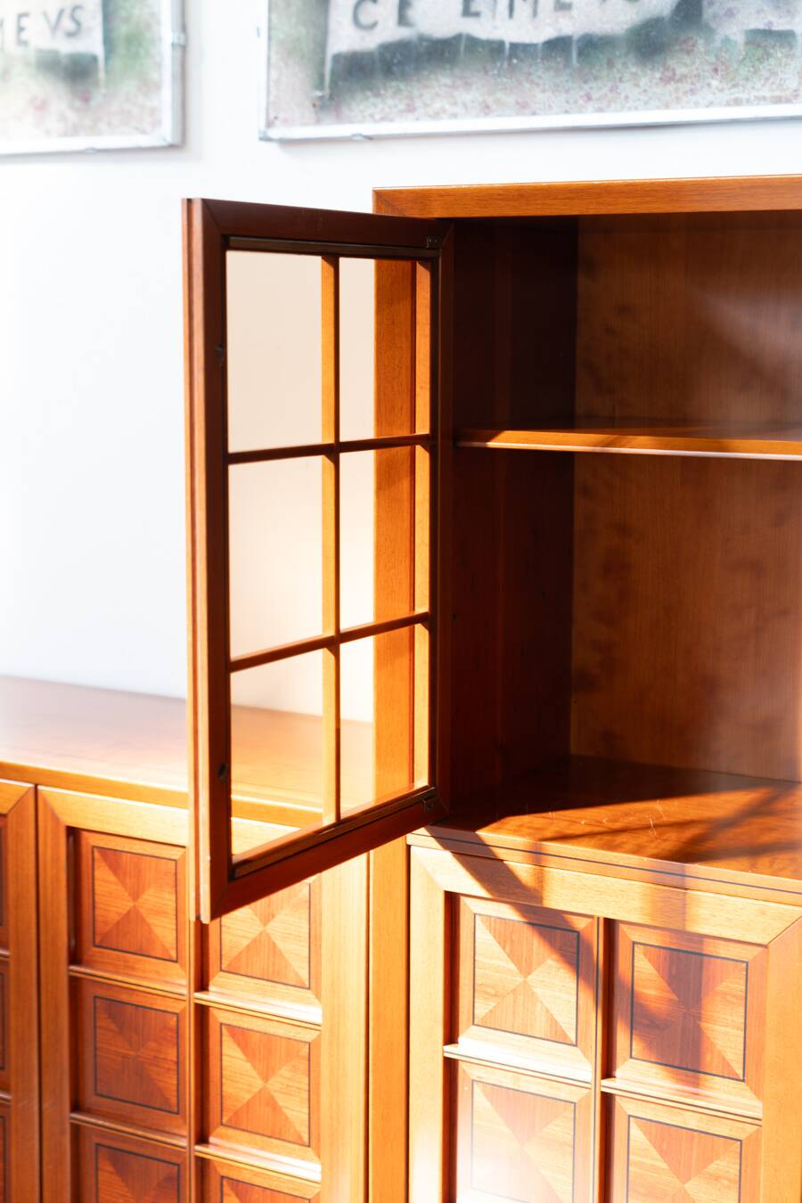 1970s Modular Corner Cabinet in Cherrywood with Glass and Carved Doors – “Fox Hunt” Design