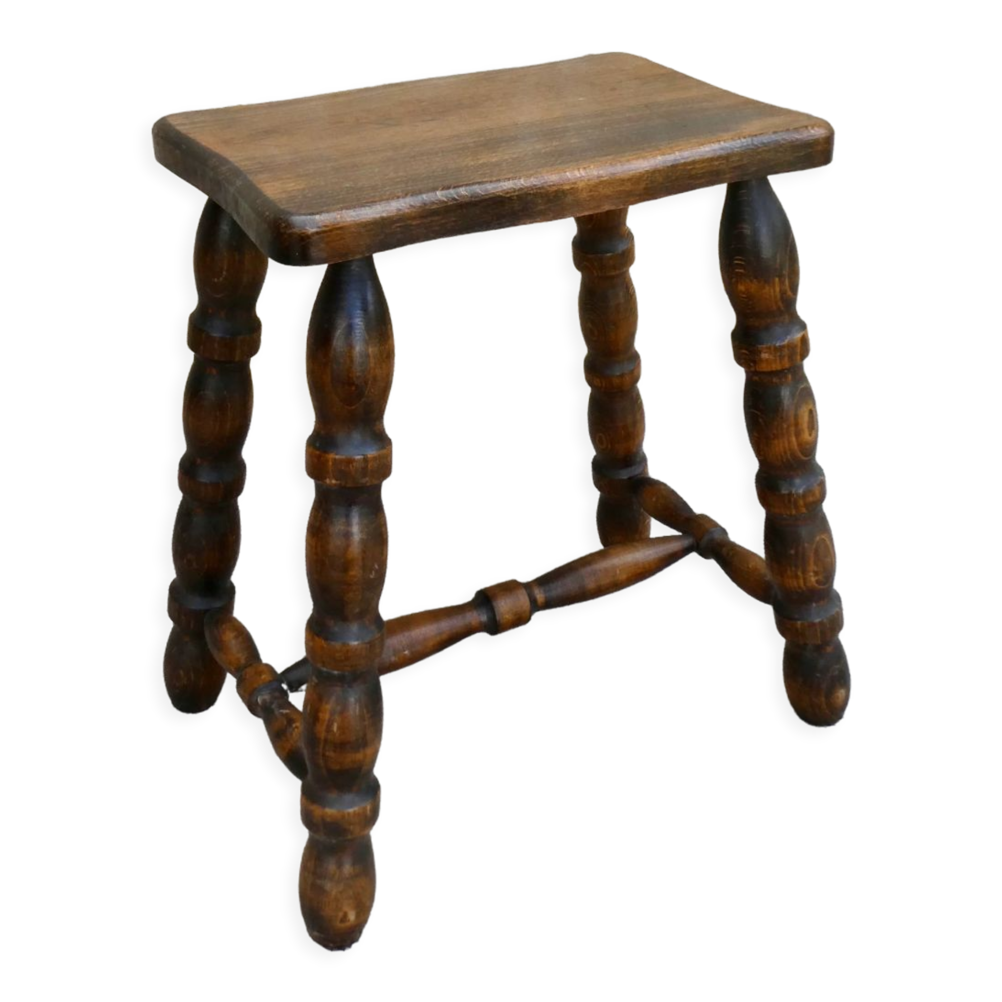 Solid wood stool, carved legs, 60s