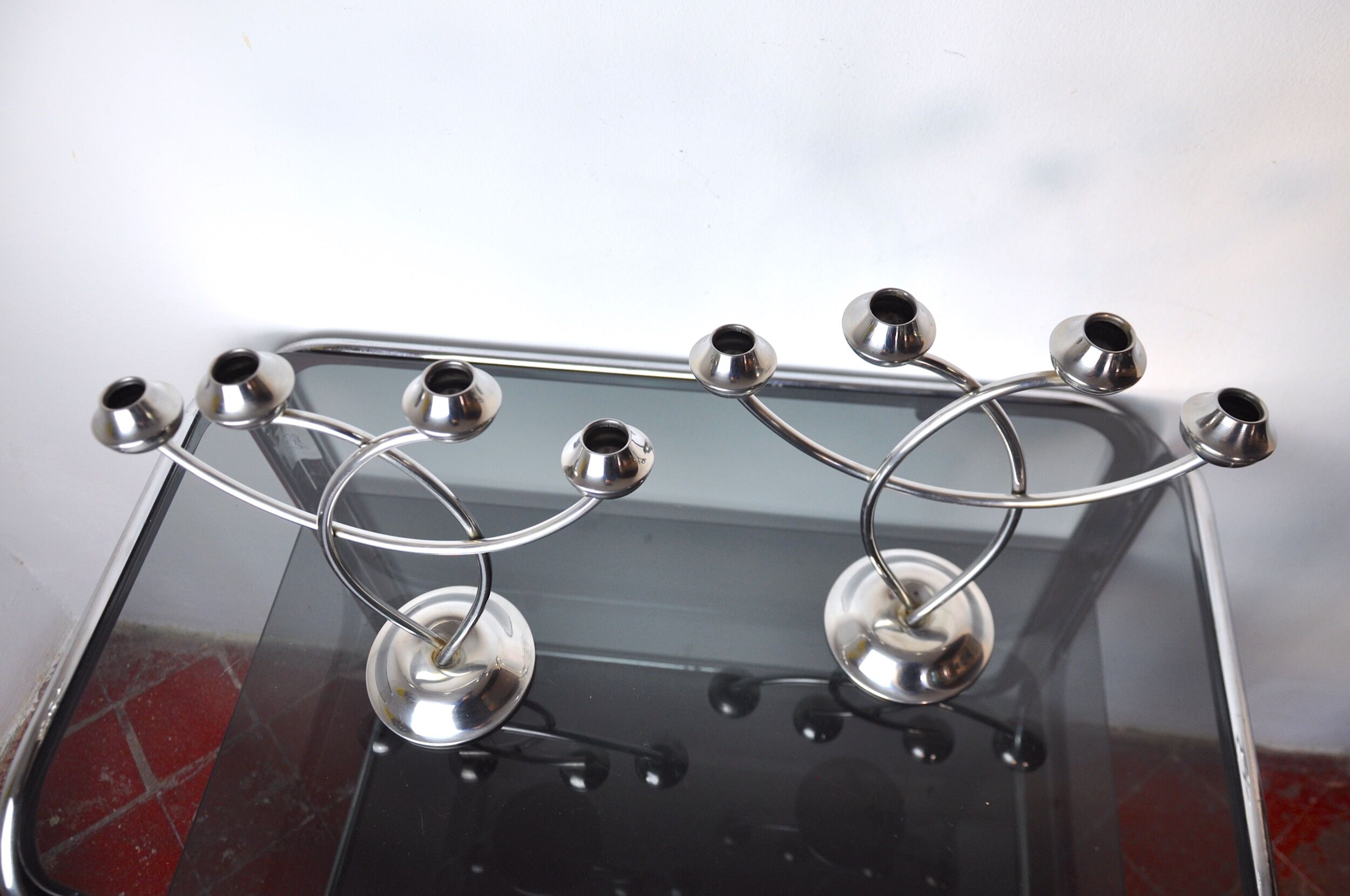 Pair of art deco candle holder in stainless steel 4 flammes, spain, 1970