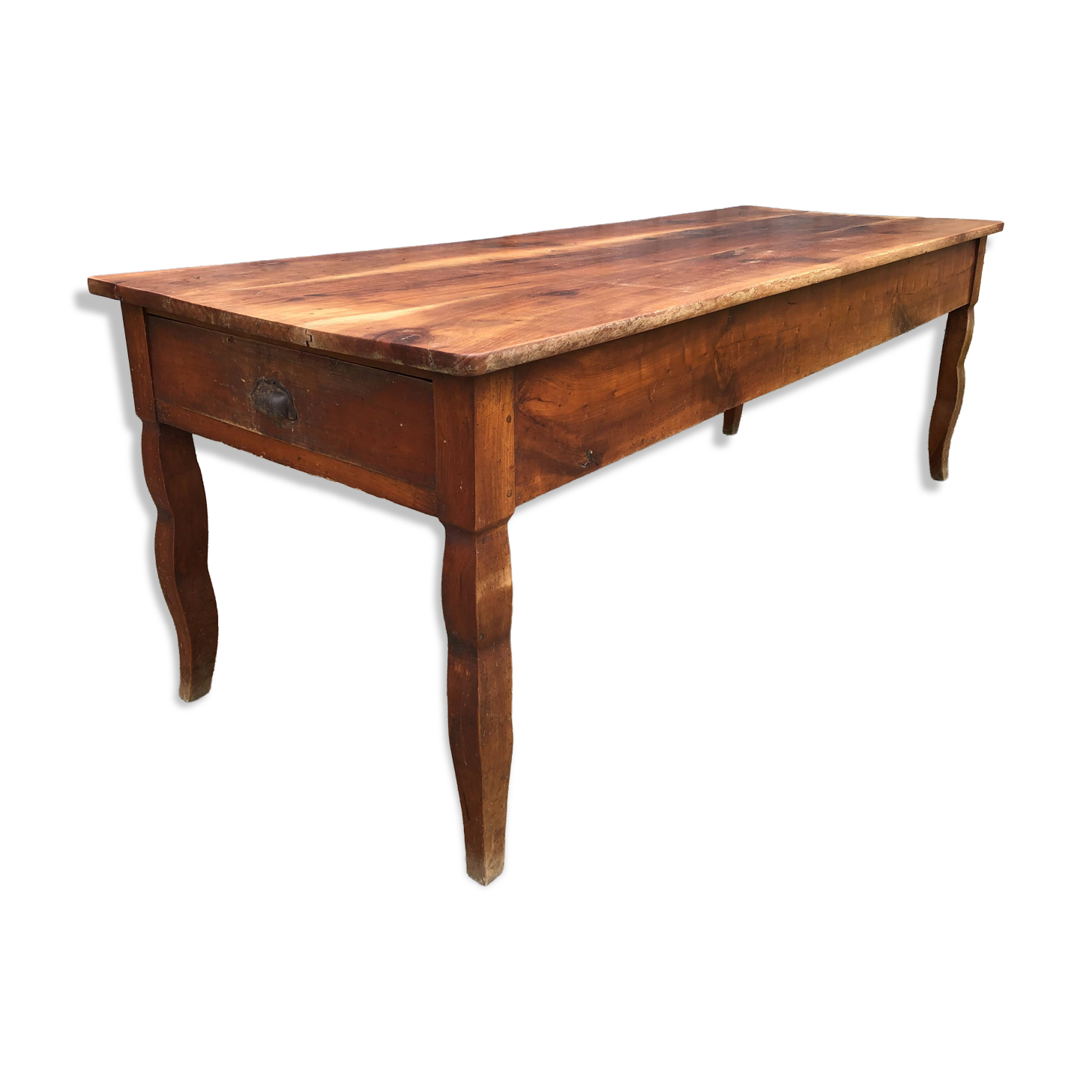 Table de ferme ancienne en cerisier massif avec 2 tiroirs et une tirette