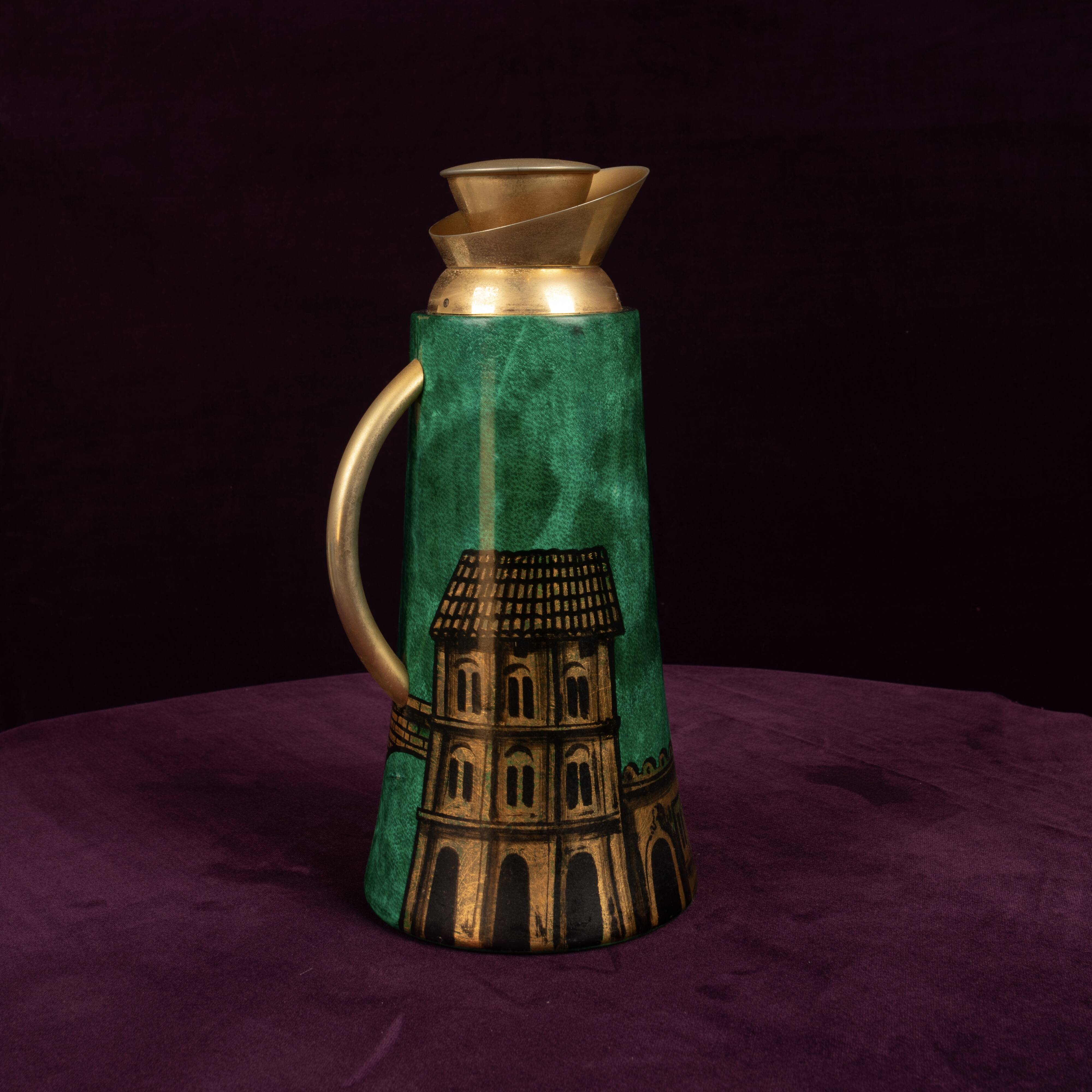 Aldo Tura Mod. 968D Hand-Decorated Green Goatskin Parchment Thermos Italy 1960